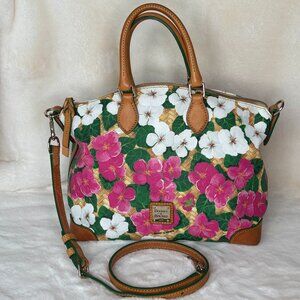 Dooney & Bourke Pink & White Pansy Flower Design With Basketweave Satchel